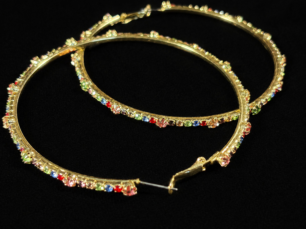 Oversized Rainbow Rhinestone Hoop Earrings Gold Tone Multicolor 4” Statement